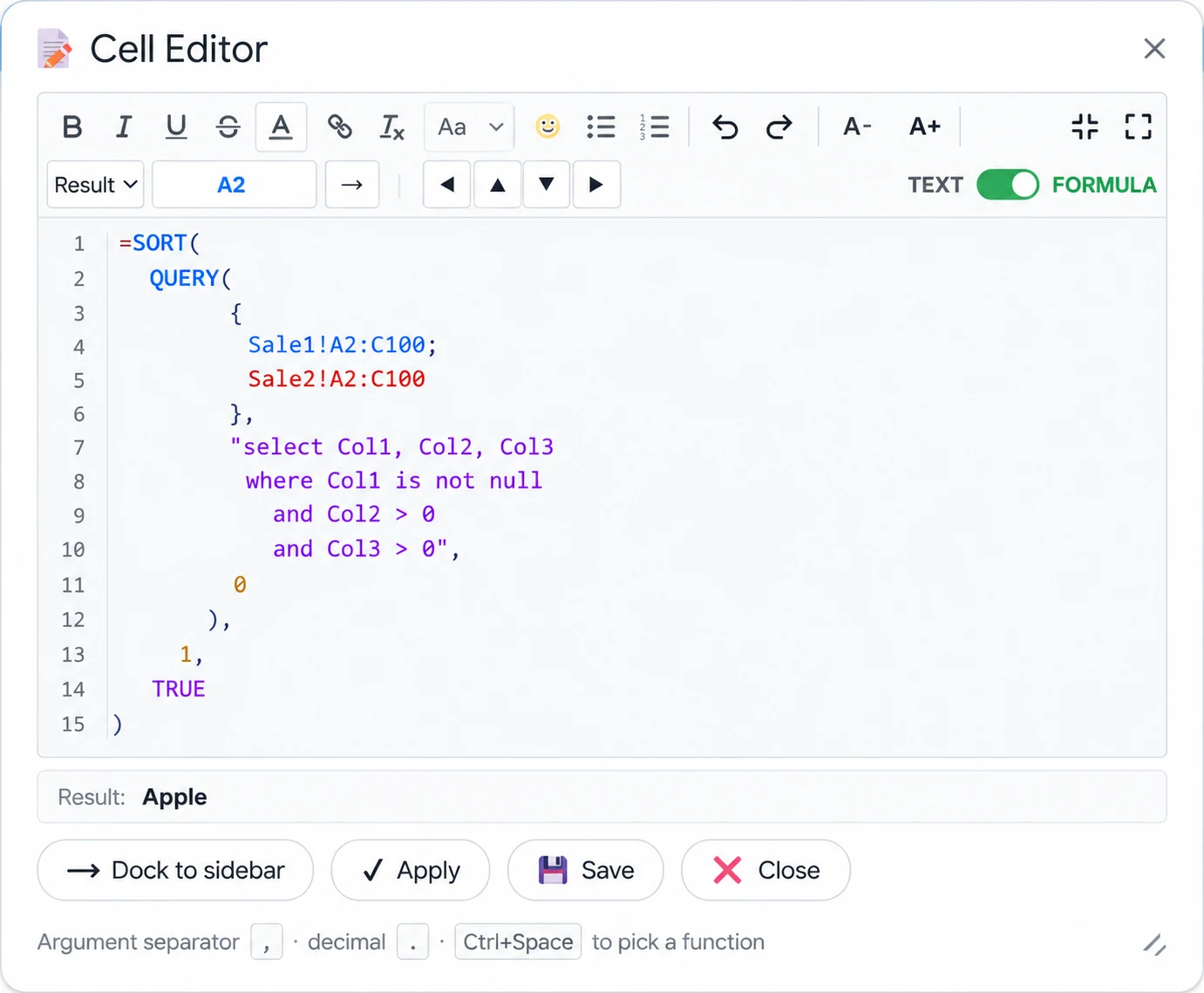 The Cell Editor window open over a Google Sheet, with a nested SORT and QUERY formula broken across fifteen numbered lines in colored syntax