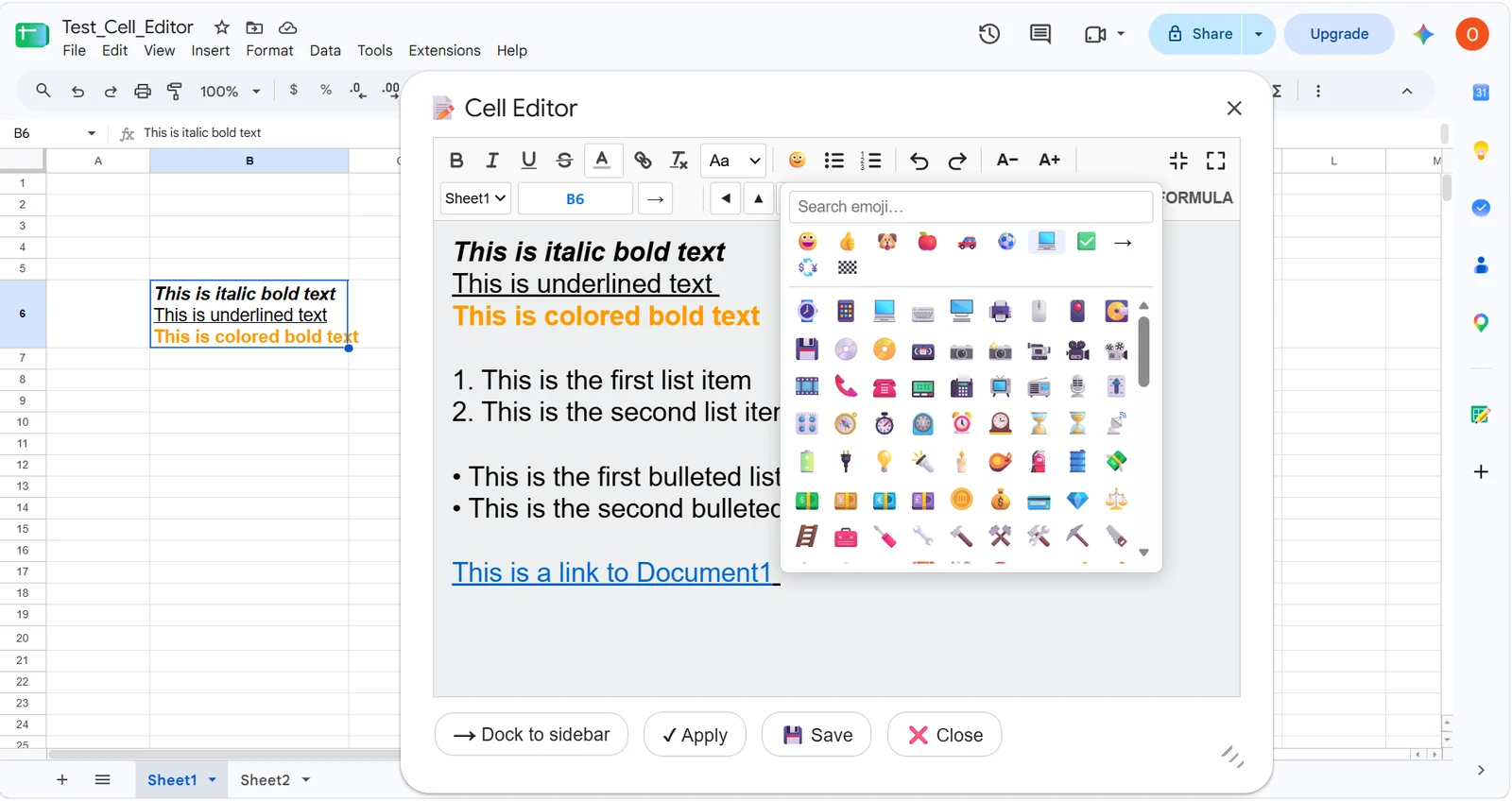 The emoji picker open inside Cell Editor with a search field and category grid