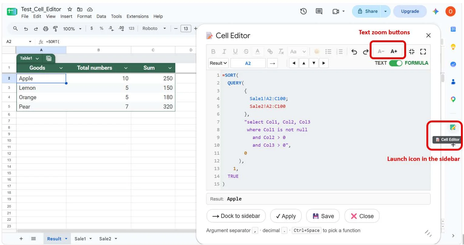 Cell Editor open in a window over a Google Sheet, showing a nested SORT and QUERY formula with colored syntax and line numbers