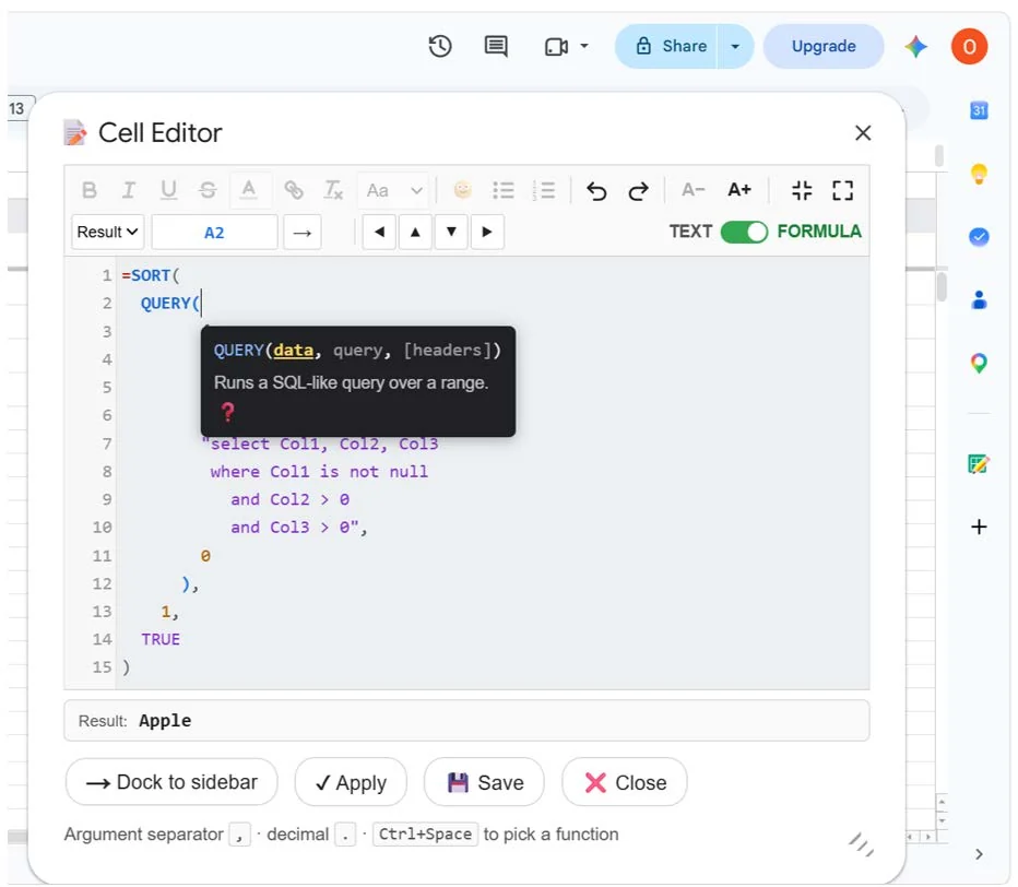 A tooltip over the formula showing the QUERY signature with the data argument highlighted and a one-line description