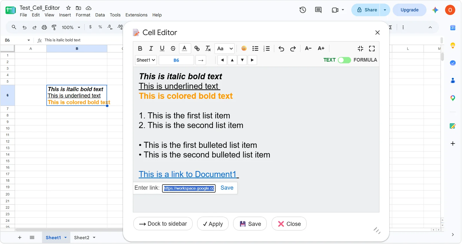 Cell Editor in text mode showing bold italic and colored text, numbered and bulleted lists, and a hyperlink being added