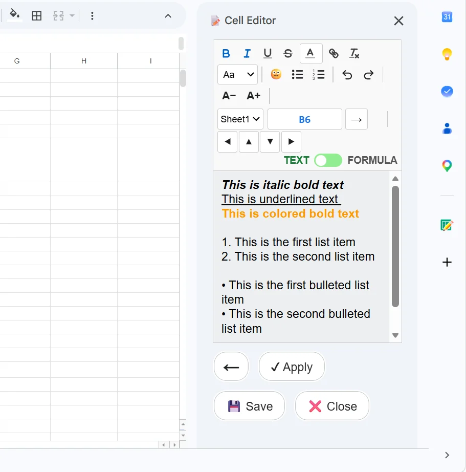 Cell Editor docked as a narrow sidebar beside the spreadsheet
